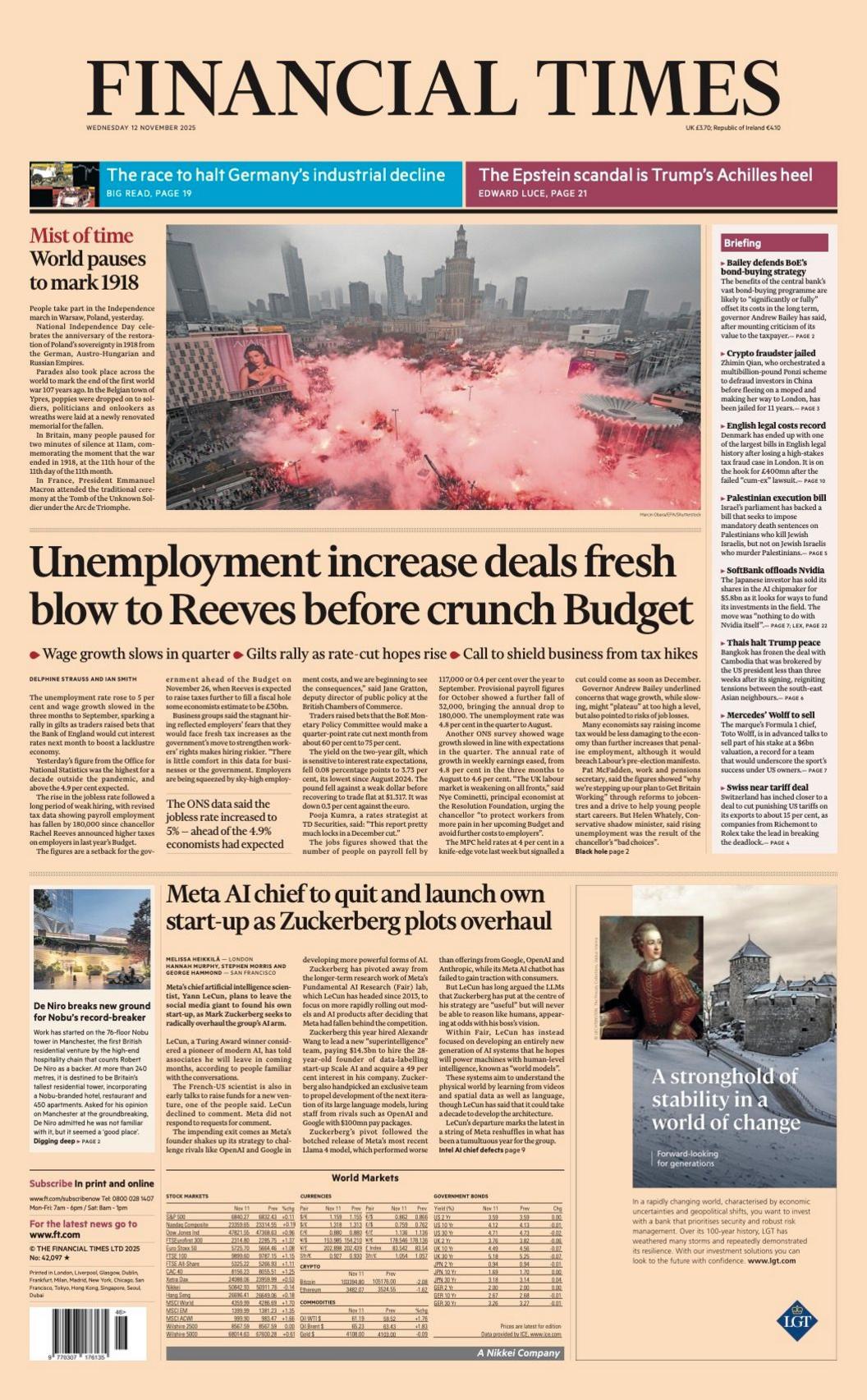The headline on the front page of the Financial Times reads: "Unemployment increase deals fresh blow to Reeves before crunch Budget".