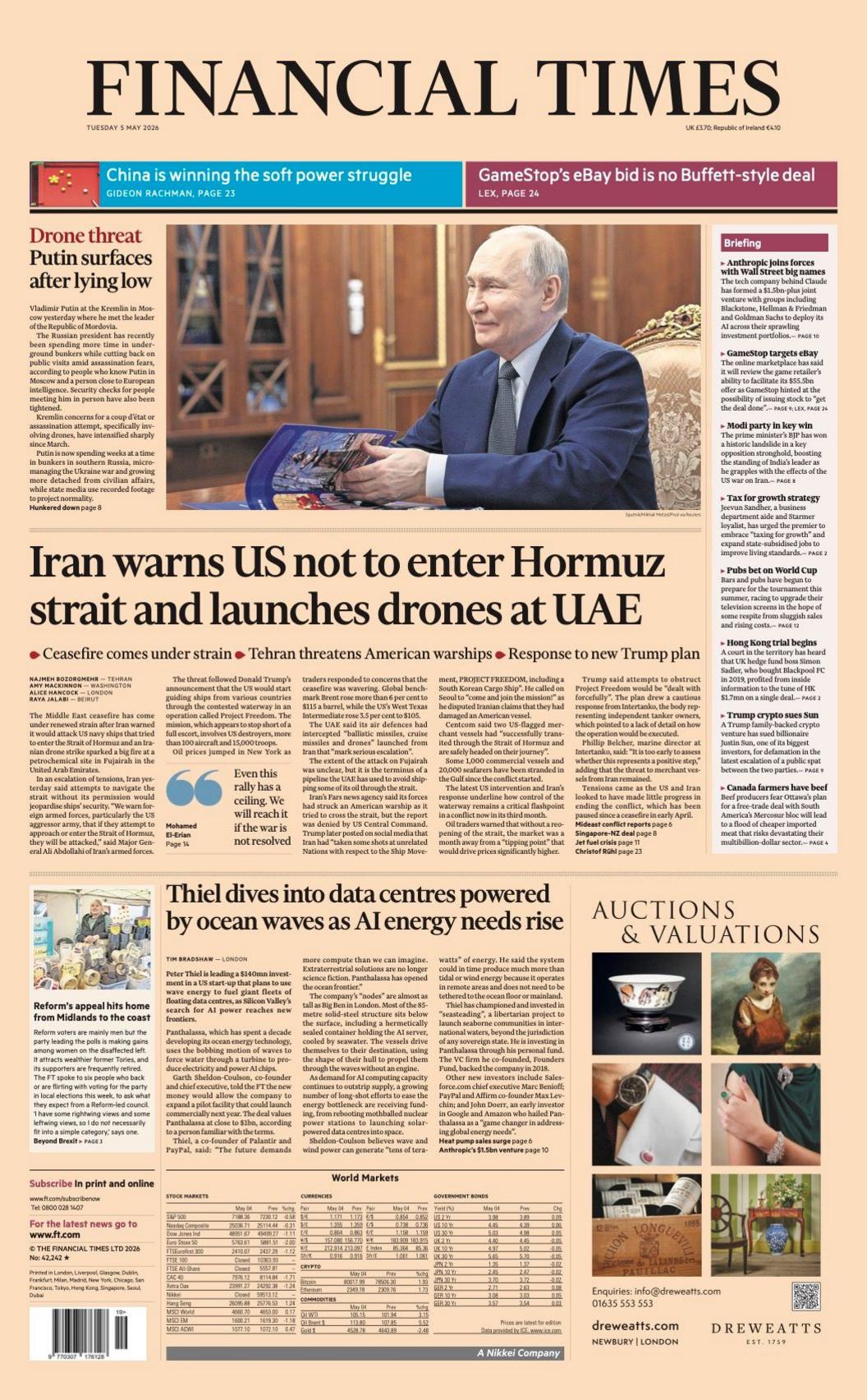 Titulli në faqen e parë të Financial Times thotë: “Irani paralajmëron SHBA-në të mos hyjë në Ngushticën e Hormuzit dhe lëshon dronë drejt Emirateve të Bashkuara Arabe”.