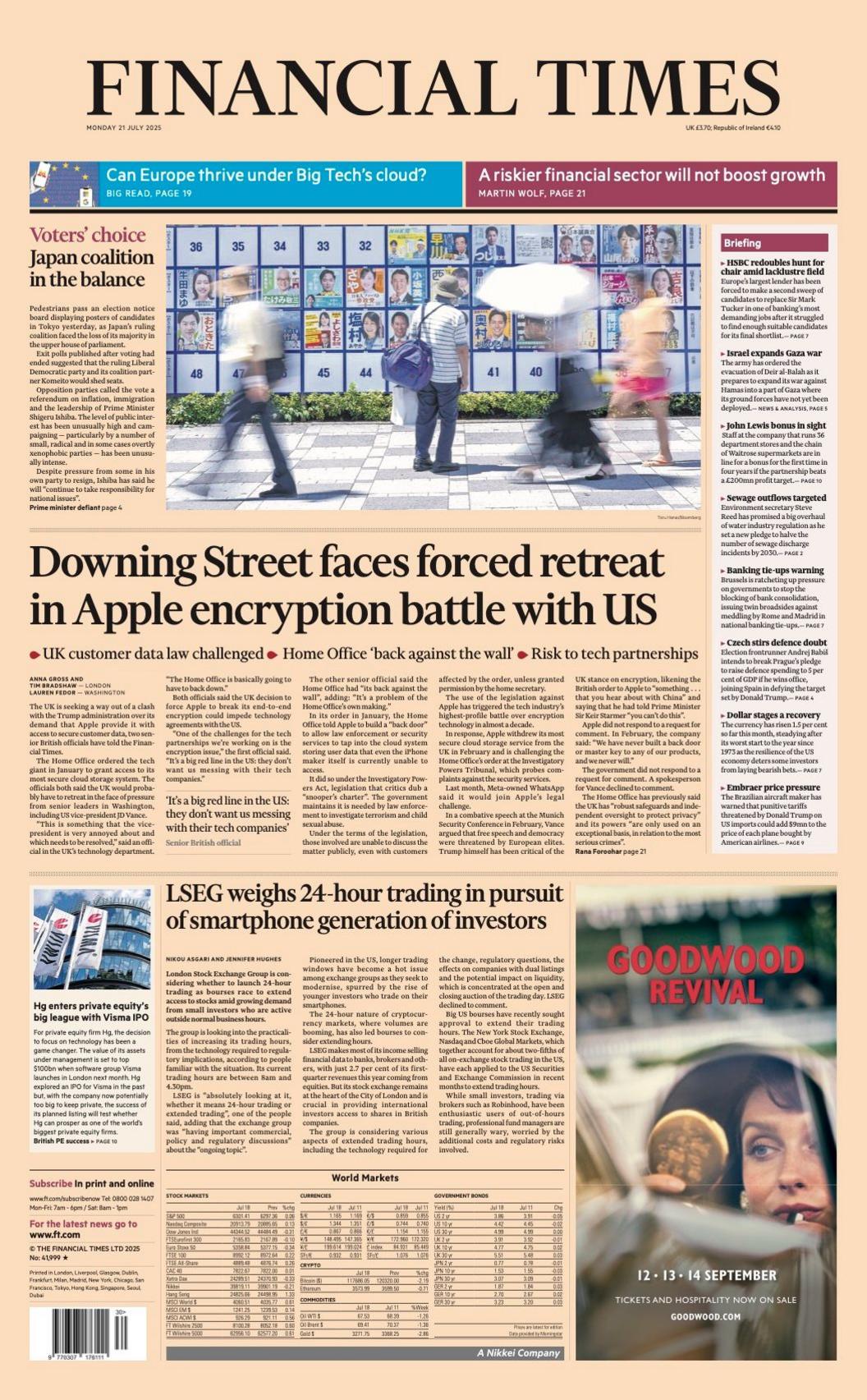 The headline on the front page of the Financial Times reads: “Downing Street faces forced retreat in Apple encryption battle with US”