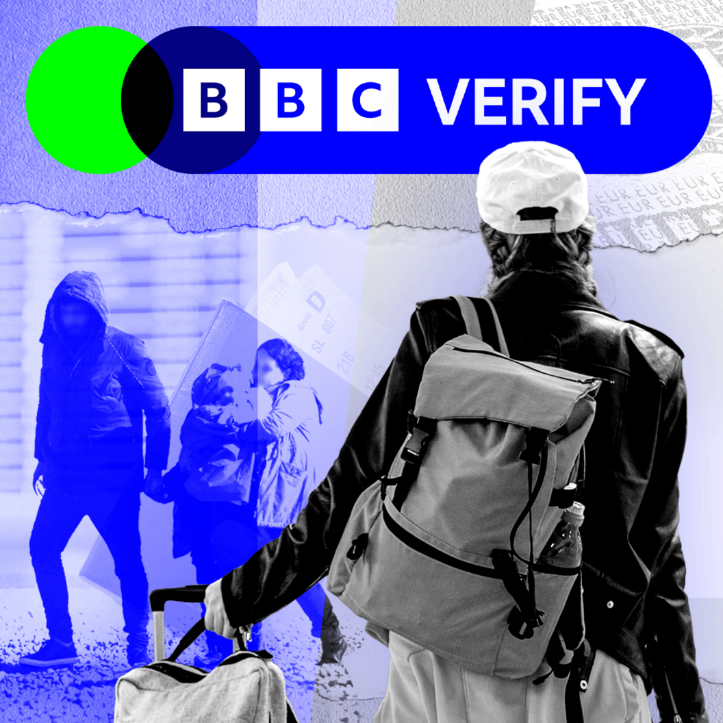 A young person wearing a baseball cap and a backpack and carrying a suitcase stands in the middle of the image. To the left of the image is a migrant family of a man, woman and child on a beach, walking.