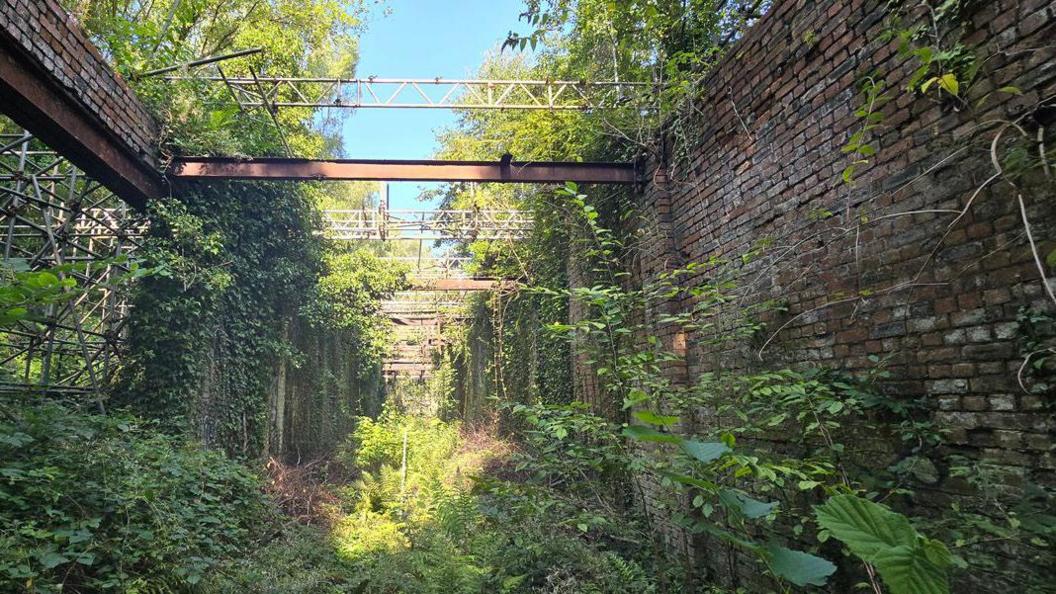 Bare brick walls and missing areas of walls can be seen, along with some of the original roof support structure. The area is overgrown with plants, shrubs and trees.