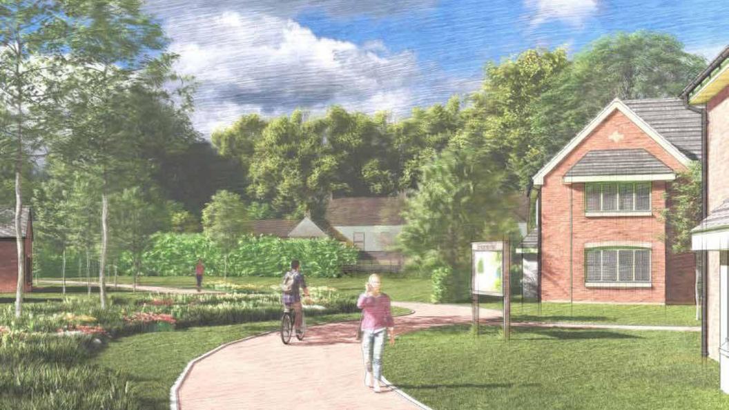 An artist's impression of the development. A footpath winds between the houses.