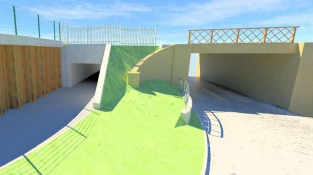 An artist's impression of the new subway, showing an empty roadway, railway bridge and tunnel to one side, going under the rail line.