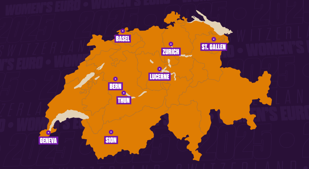 A map of the eight Swiss host cities of Euro 2025 dotted on an orange map, with labels of Geneva, Sion, Bern, Thun, Lucerne, Zurich, Basel and St Gallen.