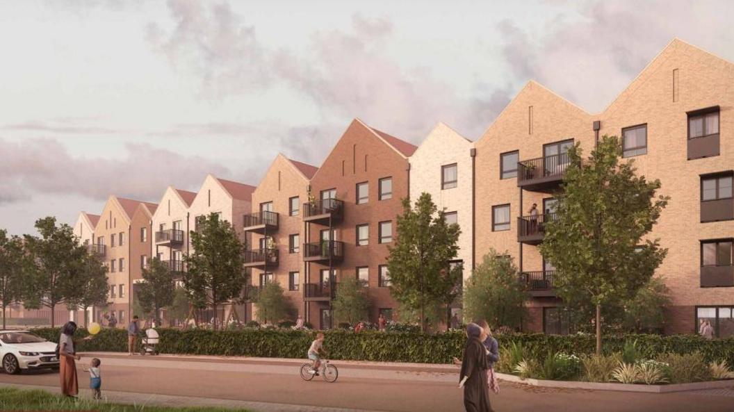 An artist's impression of four storey apartment blocks in phase three Weyside Urban Village development.