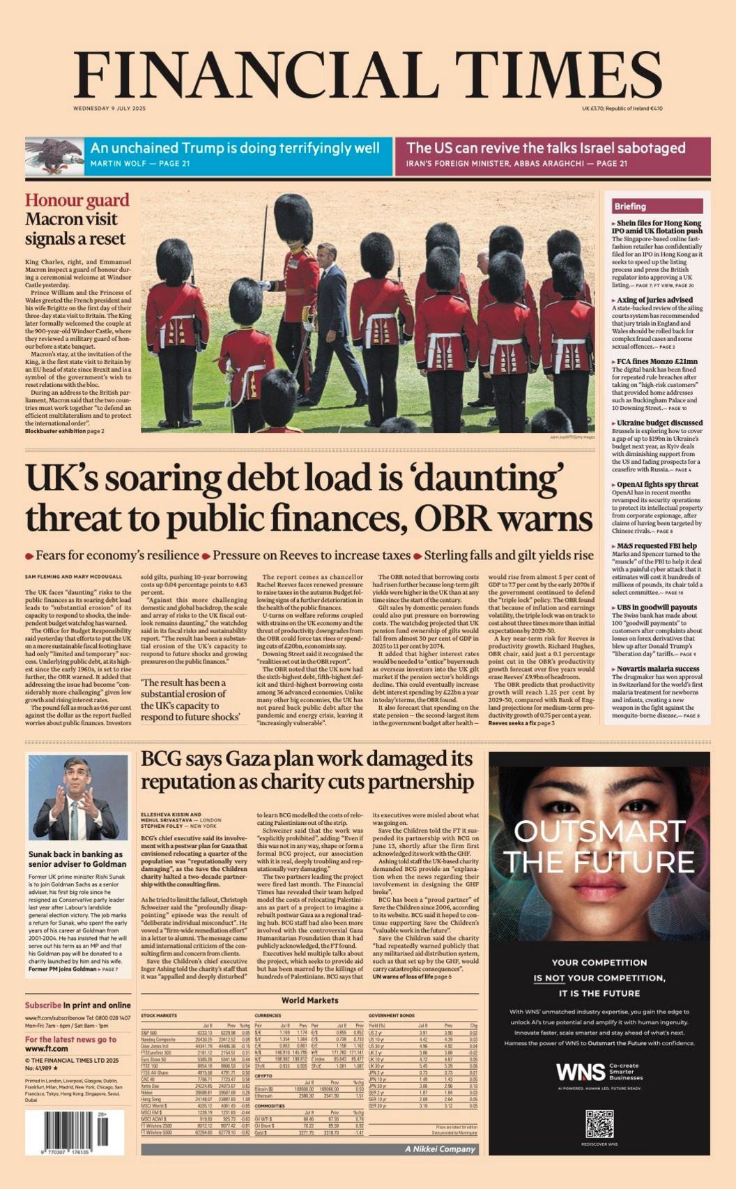 "UK's soaring debt load is 'daunting' threat to public finances, OBR warns," is the headline on the front page of the Financial Times