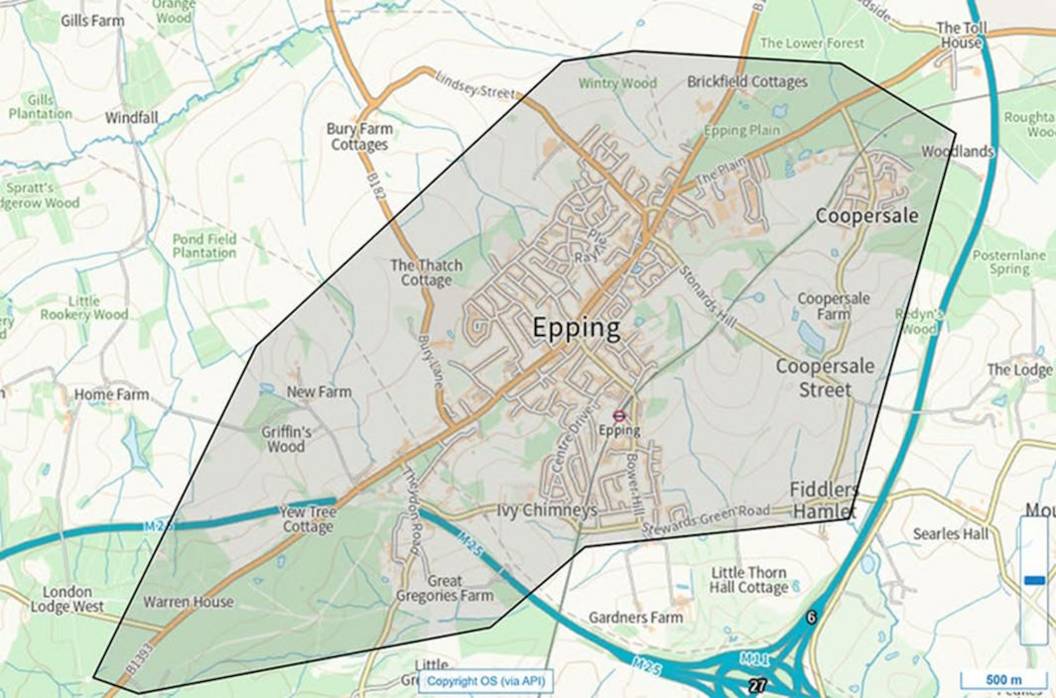 A map shows an area of Epping highlighted. It includes Fiddlers Hamlet, Coopersale and the town centre