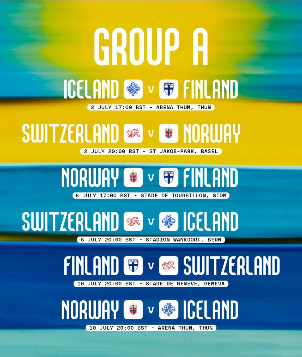 Group A fixtures:
Iceland v Finland, 2 July, 17:00 BST
Switzerland v Norway, 2 July, 20:00 BST
Norway v Finland, 6 July, 17:00 BST
Switzerland v Iceland, 6 July, 20:00 BST
Finland v Switzerland, 10 July, 20:00 BST
Norway v Iceland, 10 July, 20:00 BST