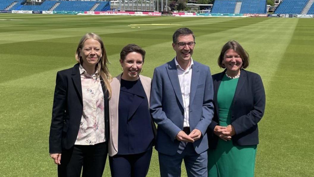 Green Party co-leaders Carla Denyer (2nd left) and Adrian Ramsay, with candidates Sian Berry (left) and Ellie Chowns (right) 