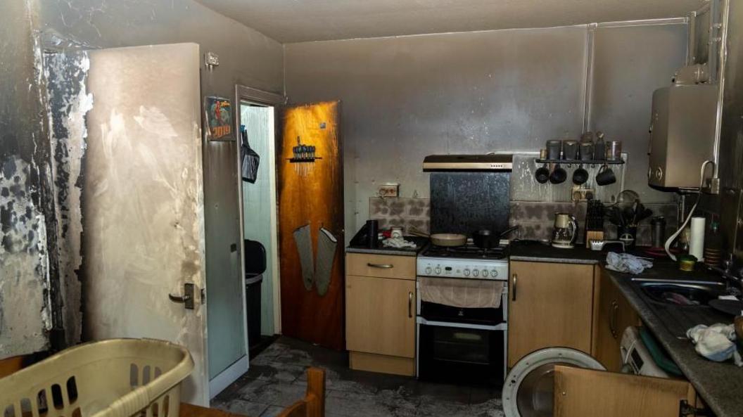 The kitchen which is significantly burnt in the fire at Jack Burley's house