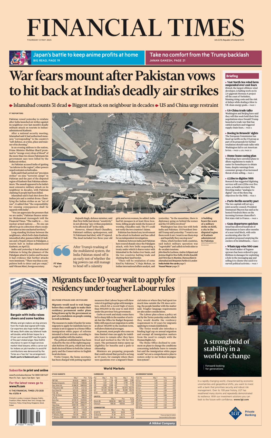 The Financial Times' headline reads "war fears mount after Pakistan vows to hit back at India's deadly air strikes". It shows a man looking at a hole caused by one of the blasts.