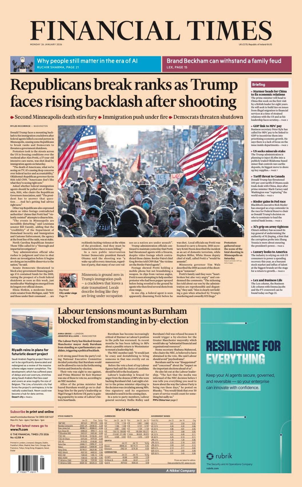 Titulli në faqen e parë të Financial Times thotë: “Republikanët largohen nga radhët ndërsa Trump përballet me reagime në rritje pas të shtënave”.