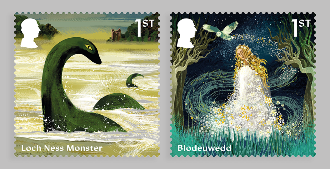 The stamp on the left depicts the Loch Ness Monster and the one on the right the woman conjured from flowers, Blodeuwedd, from Welsh mythology