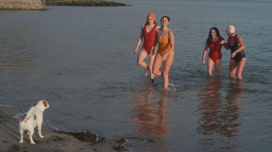 Four women in swimsuits walking out of water with small white dog with brown spots waiting at the shore. 