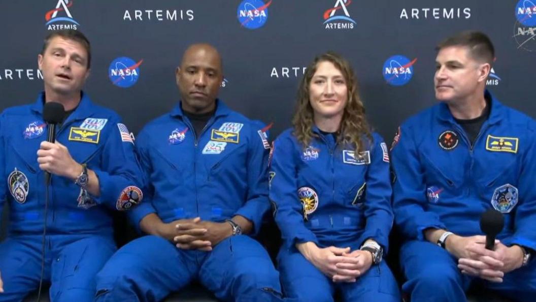 NASA's Reid Wiseman, Victor Glover and Christina Koch, plus Jeremy Hansen of the Canadian Space Agency