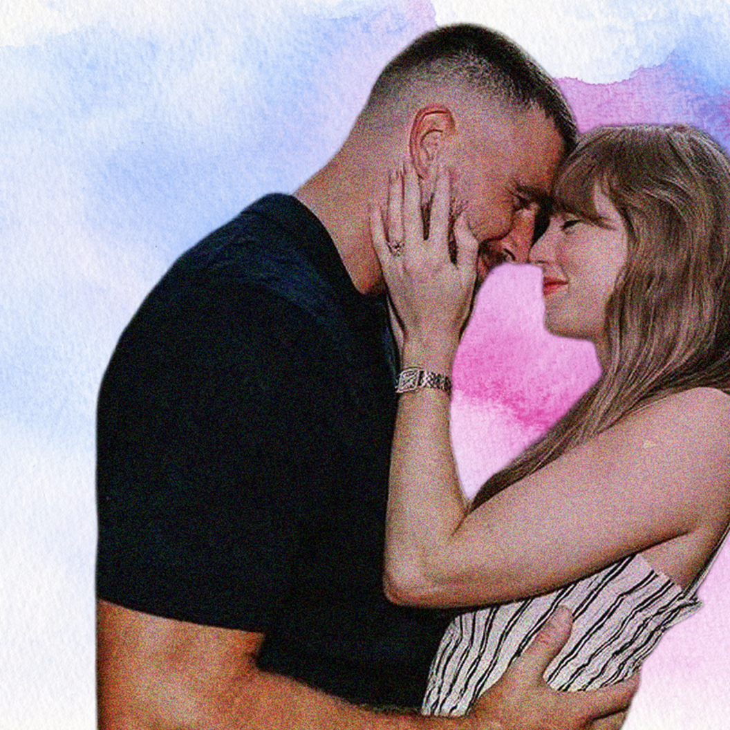 Travis Kelce and Taylor Swift embrace each other in a designed image with a blue and pink background.