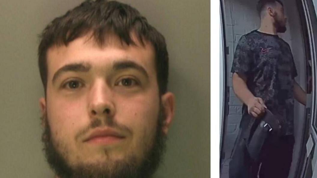 Two images of Taylor Mitten. On the left is a mug shot, and on the right is camera footage of him leaving a property.