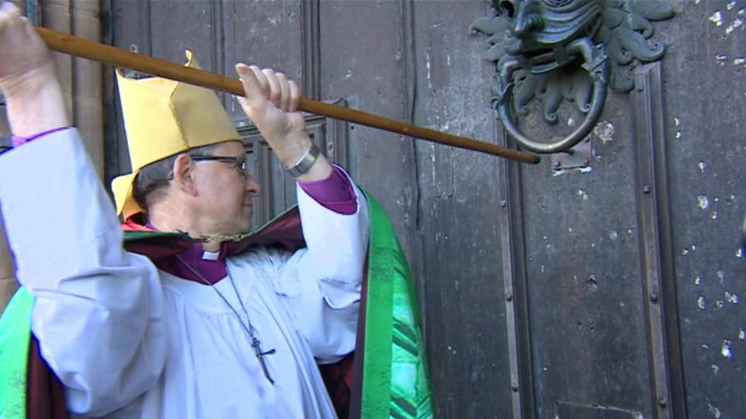 Bishop of Durham at the door of Durham Cathedral