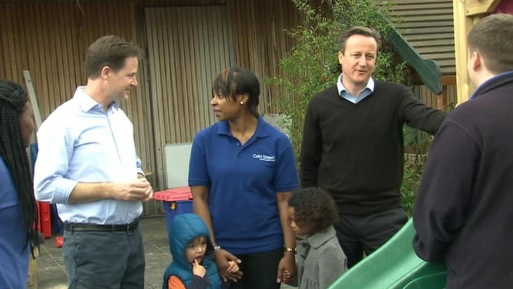 Nick Clegg and David Cameron at nuresry