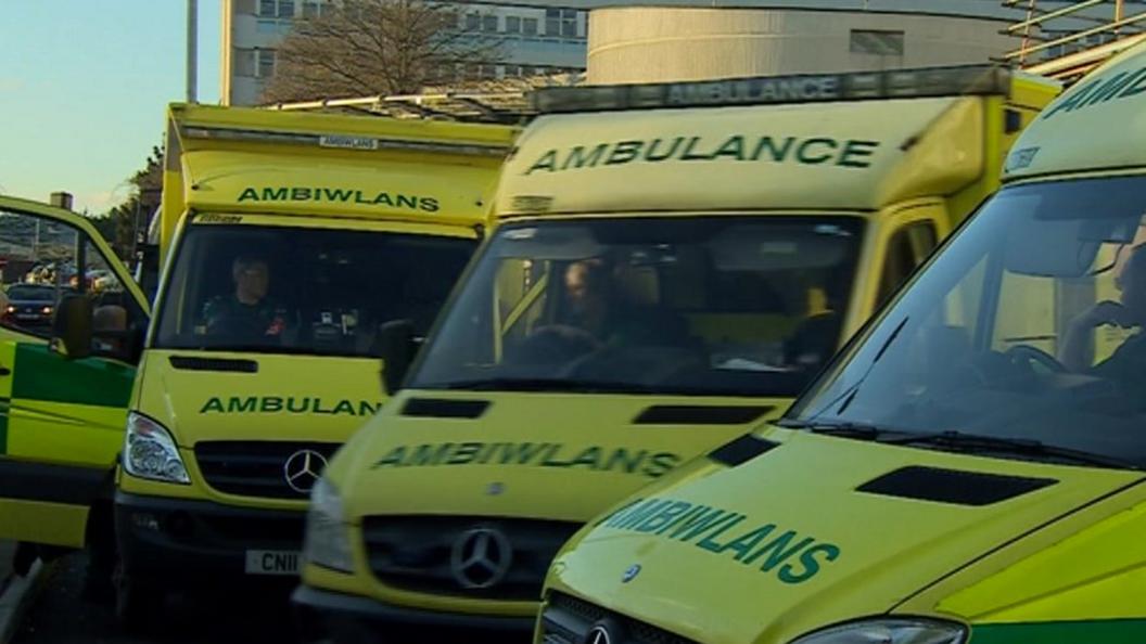 Ambulances outside University Hospital of Wales, Cardiff