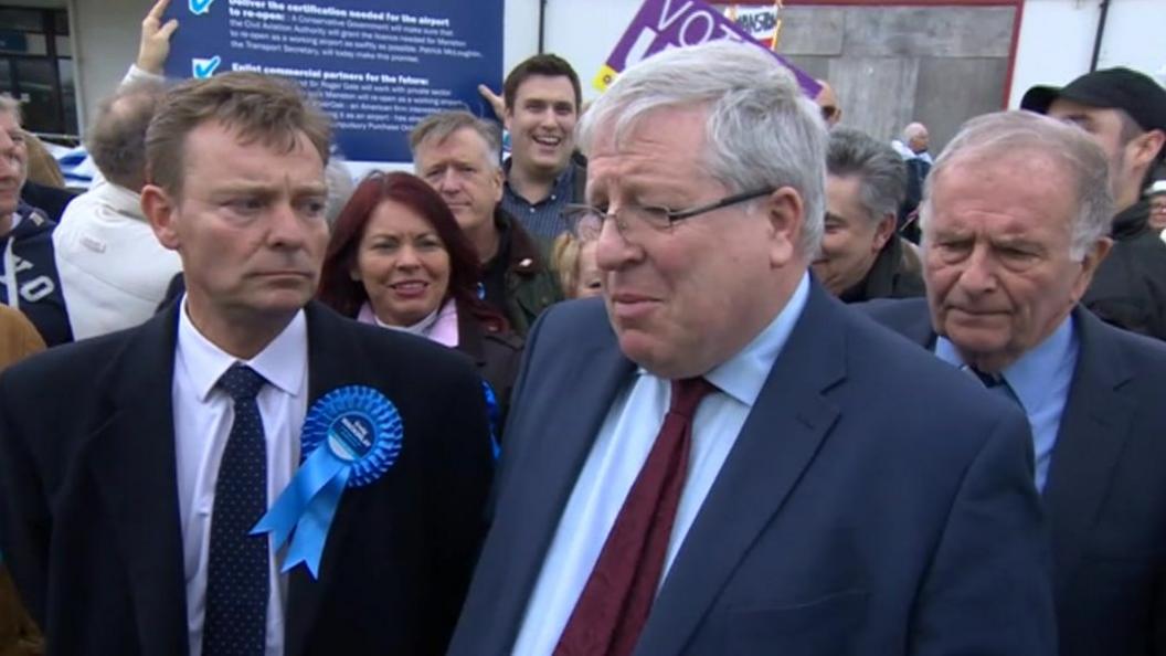 Craig Mackinlay, Patrick McLoughlin and Sir Roger Gale at Manston Airport