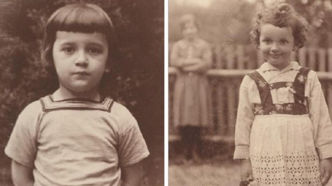 Pictures from the family's time in Vienna, taken from their photo album. The faded black and white prints have a sepia tone. The left picture is of Eli and the right picture is of his sister Tirza. They are three to four years old.