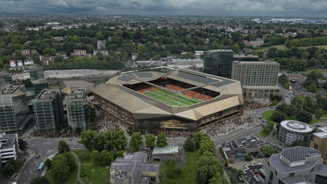 The existing street scene at Power Court with the stadium imposed into it via CGI. It is a bronze colour with a large square of floodlighting hanging over the top.