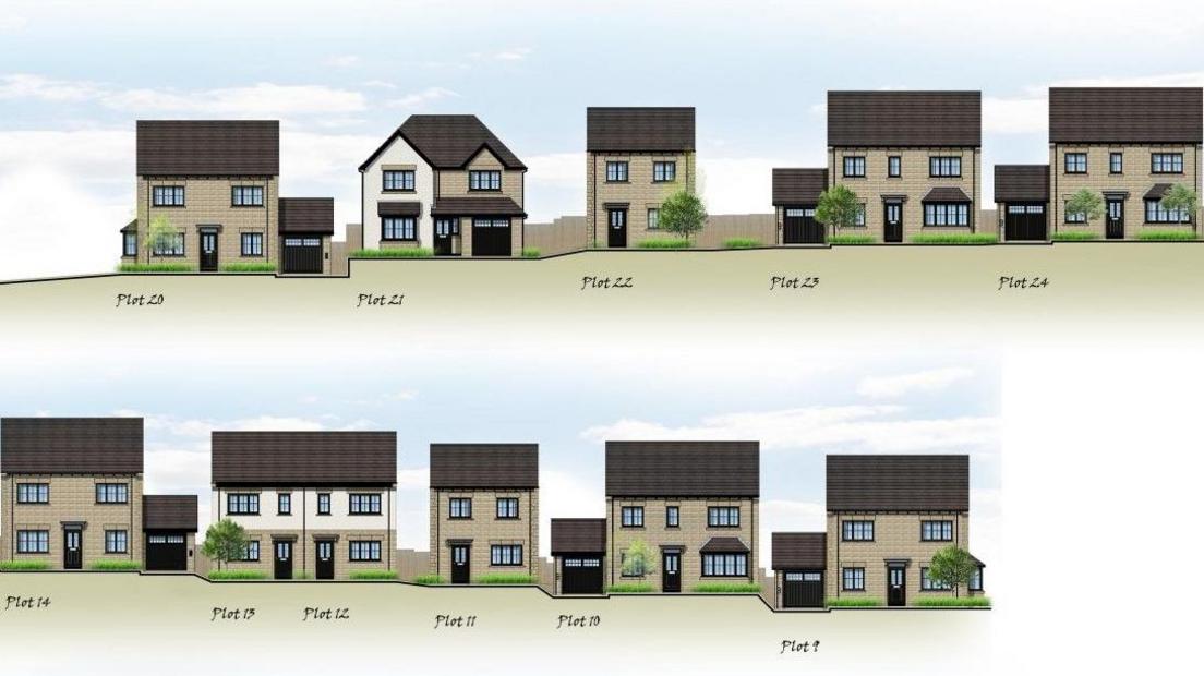 An artist's impression of how the new homes, of varying sizes, but all with stone-coloured walls and with dark brown roofs, could look in Earby