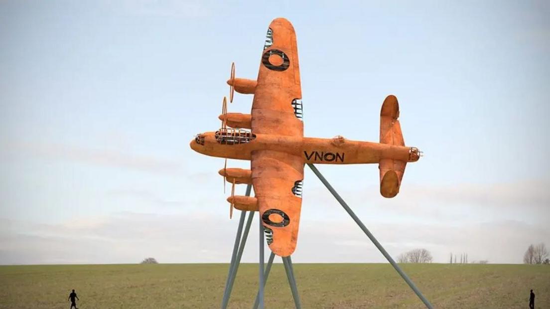 Artist impression of a rust-coloured Lancaster bomber on a metal stand with a field in the background.