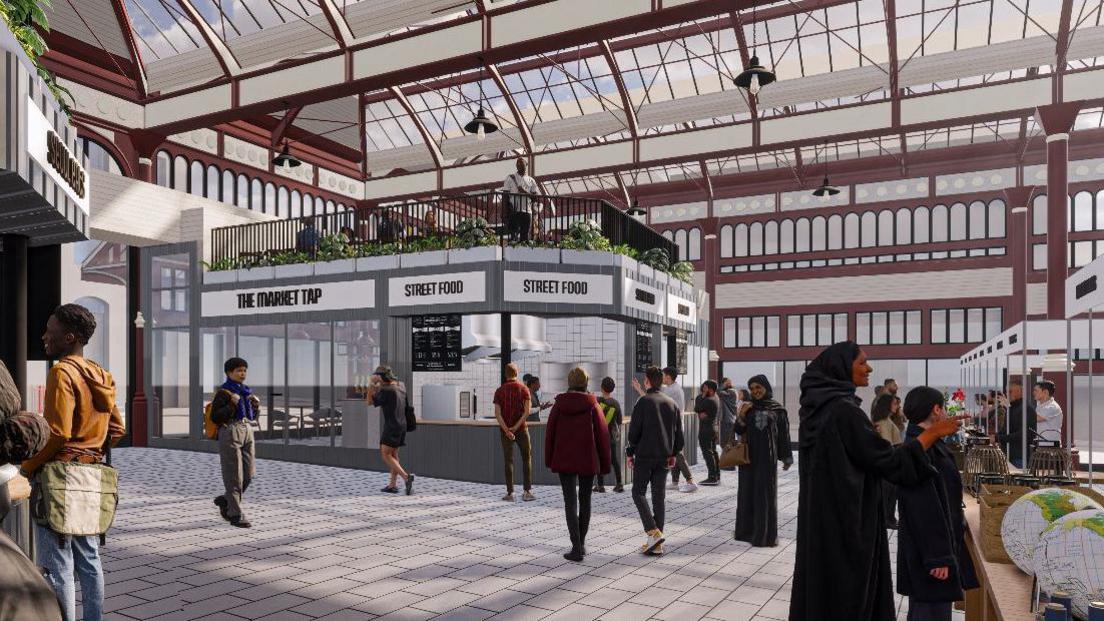 AI image of the inside of Huddersfield market after the improvements