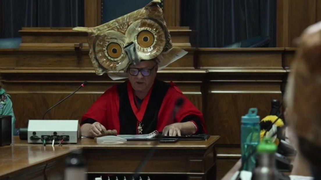 Councillor Dave Shields wearing red Lord Mayoral robes and a large owl headdress. He is sat in the council building delivering a speech to a crowd of people also dressed up in nature inspired outfits