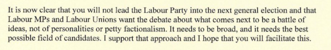 An excerpt from Wes Streeting's letter reading: It is now clear that you will not lead the Labour Party into the next general election and that Labour MPs and Labour Unions want the debate about what comes next to be a battle of ideas, not of personalities or petty factionalism. It needs to be broad, and it needs the best possible field of candidates. I support that approach and I hope that you will facilitate this.