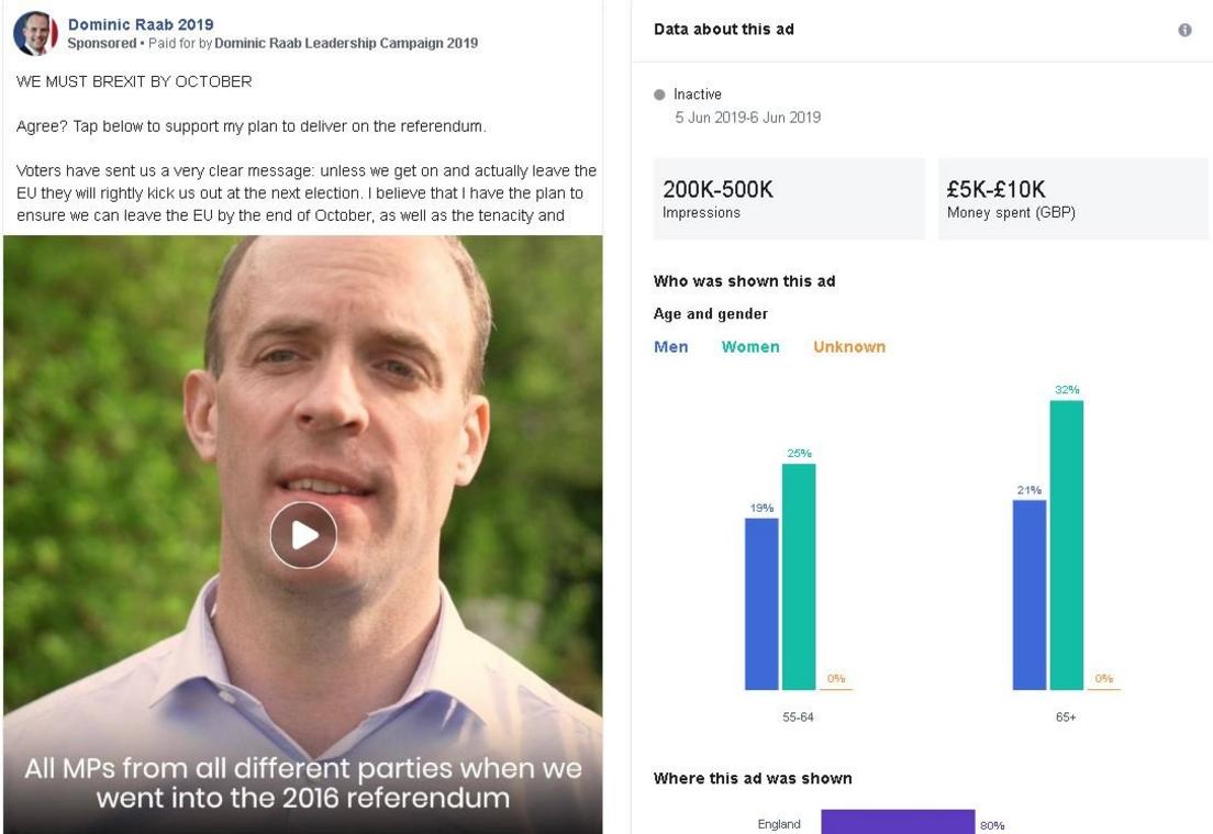 Picture showing Raab advert and statistics which show it has mainly been seen by older people