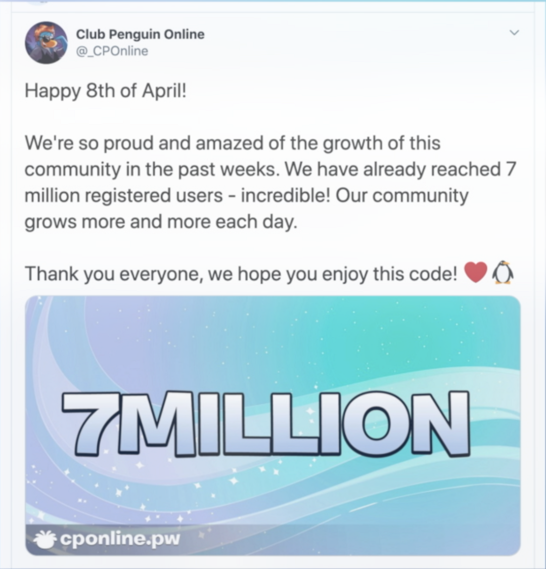 A tweet from Club Penguin Online about reaching 7m users