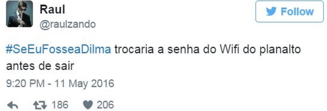 Tweet by DJ Nyor saying "If I was Dilma, I would change the Palace WiFi password before leaving it"