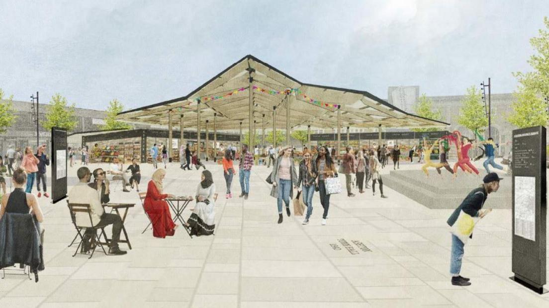 Artists impression of the new market square in Ashton-under-Lyne