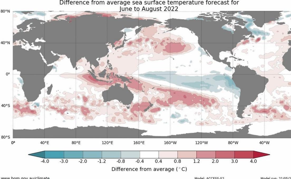 Map showing the sea surface temperature anomalies in the Pacific with La Niña indicated by blues showing cooler than average temperatures in the eastern Pacific