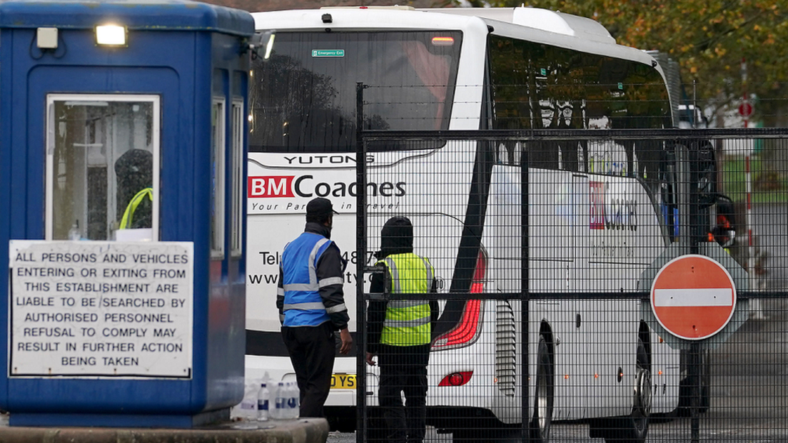 A coach arriving at the Manston processing centre in Kent this week