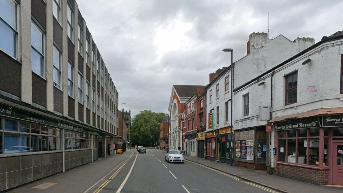 Streetview image of Curzon Street Derby, with St Werburgh's Church at the end