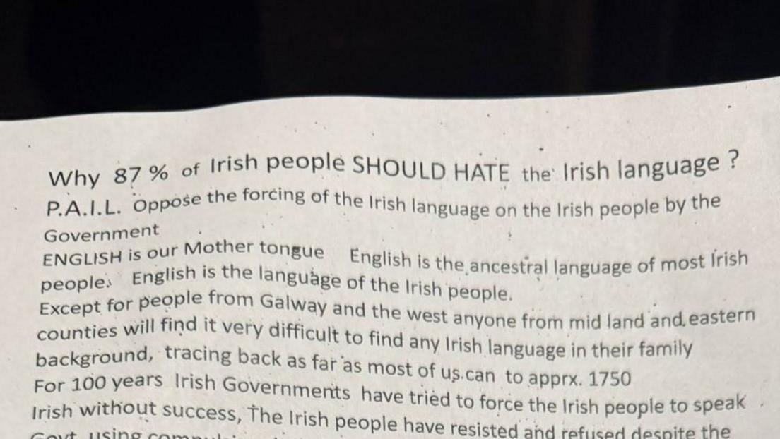 An image of one of the flyers placed on cars outside a Belfast pub with the words "English is our mother tongue" and  most Irish people "should hate the Irish language".