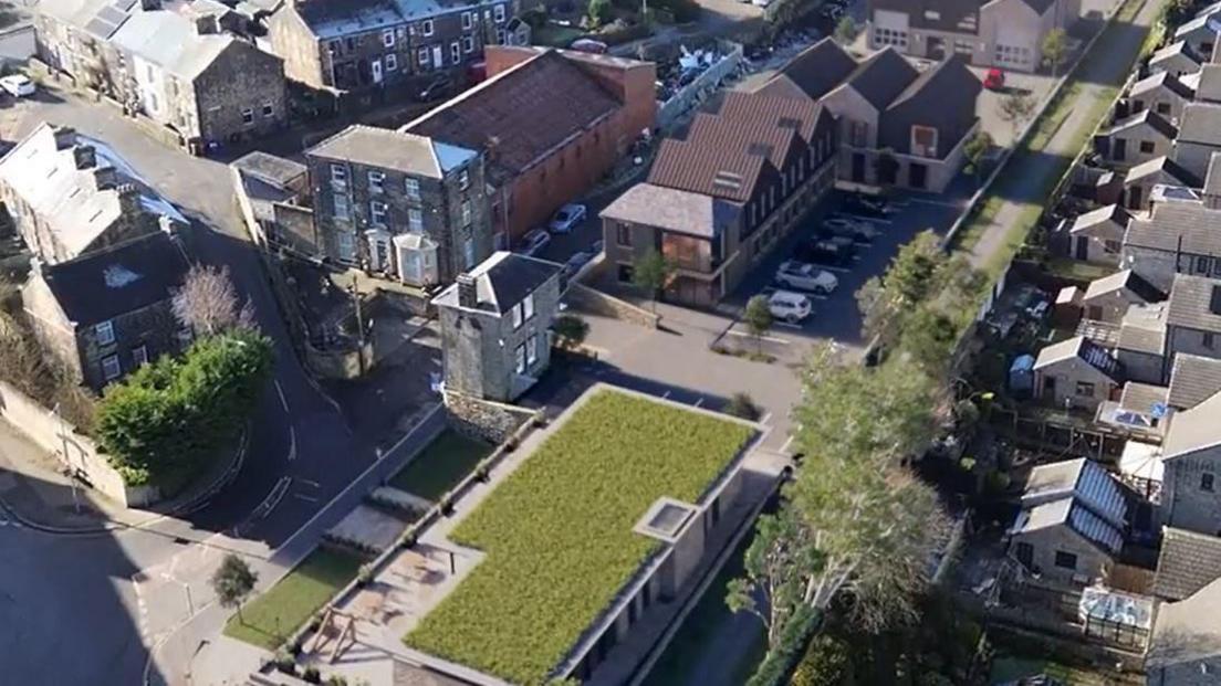 An aerial design image showing a mix of new and old buildings in Penistone