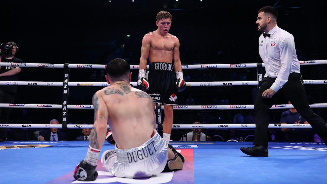 Giorgio Visioli stands over his opponent after knocking him to the ground late on in his last fight 
