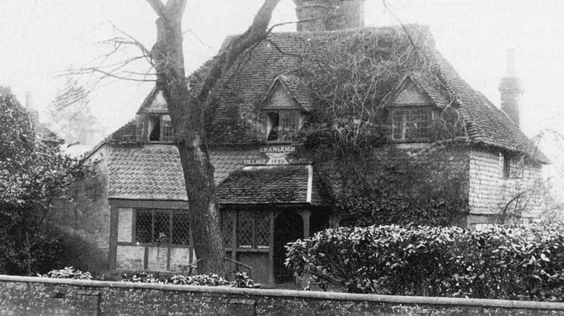 Black and white vintage photo of exterior of Cranleigh Cottage Hospital from 1880s