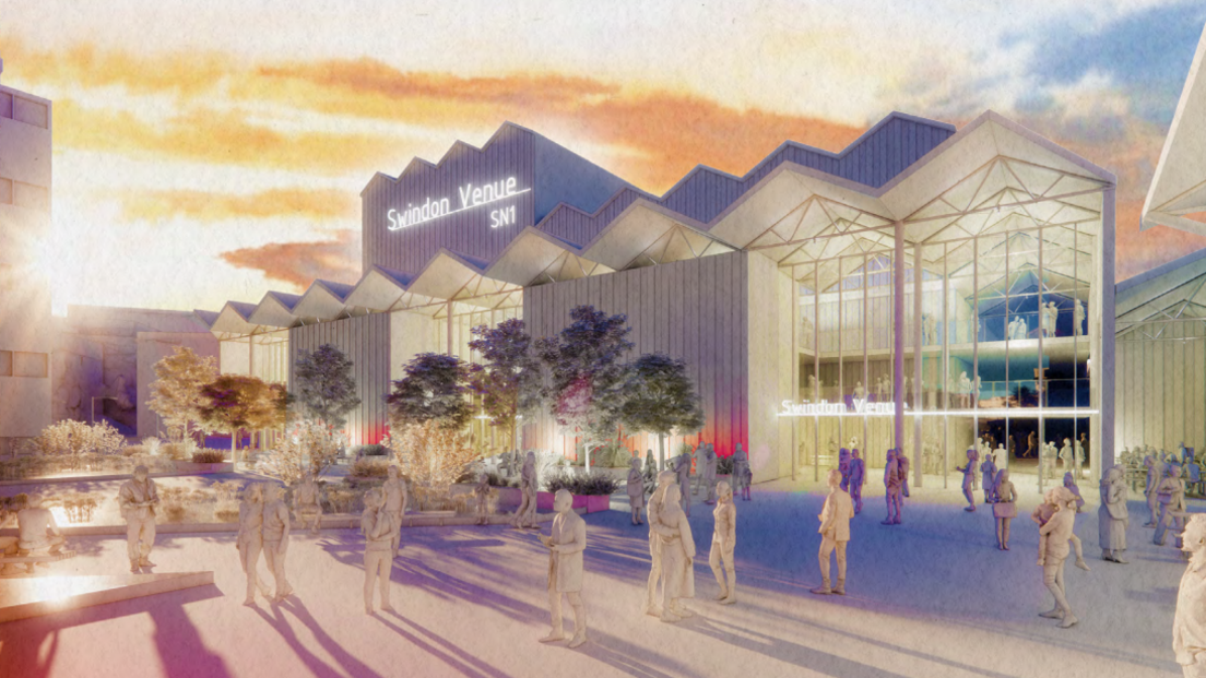 An artist's impression of how a new Swindon venue could look. Dozens of people are pictured standing outside the building on a sunny day. There are trees in front and the building has a jagged, pointy roof