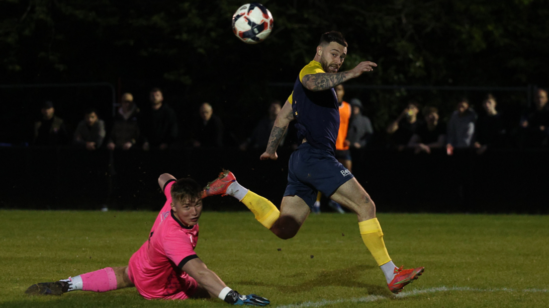 Louie Theophanous scores for AFC Croydon Athletic against Knaphill in the Combined Counties Premier League South play-off final