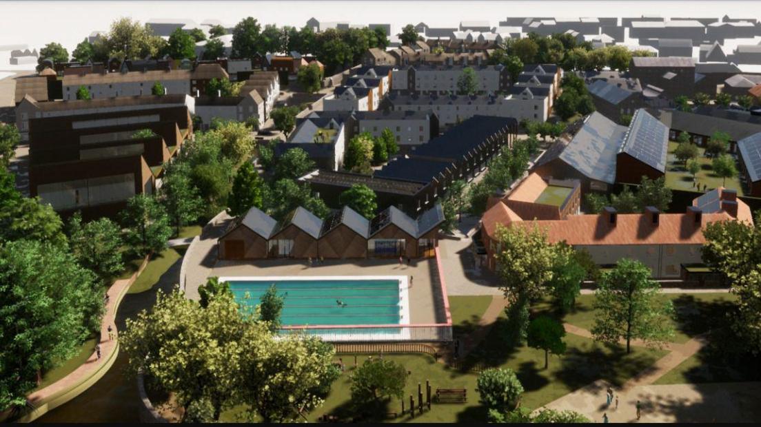 An artist's impression of the plans put together by Mayday Saxonvale. The image includes housing and a lido.