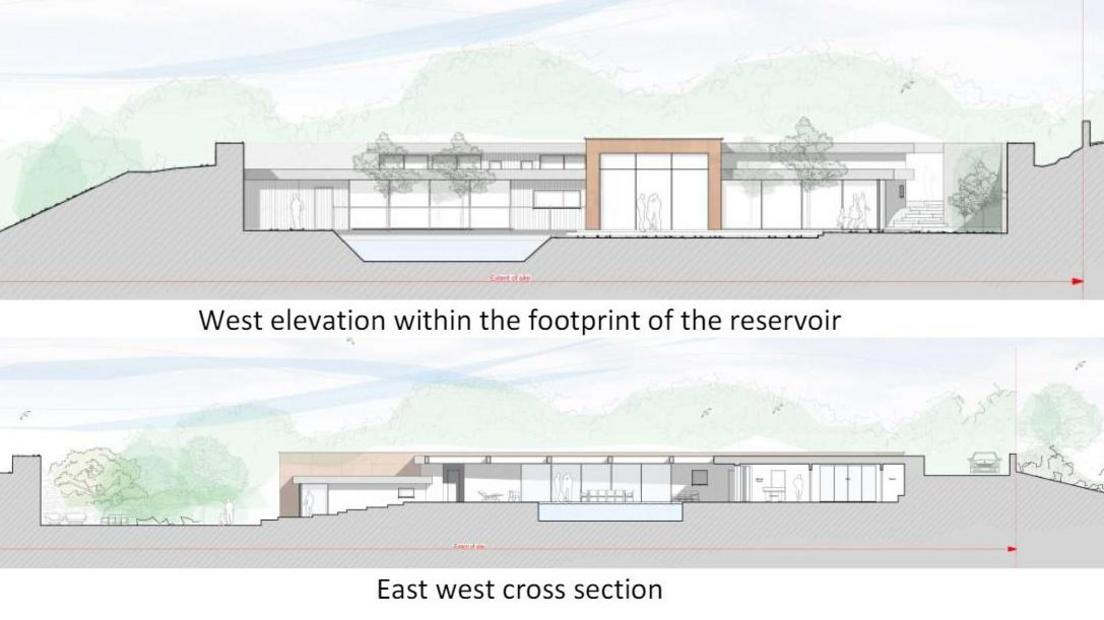 A cross section view of the home, in line with the existing top surface