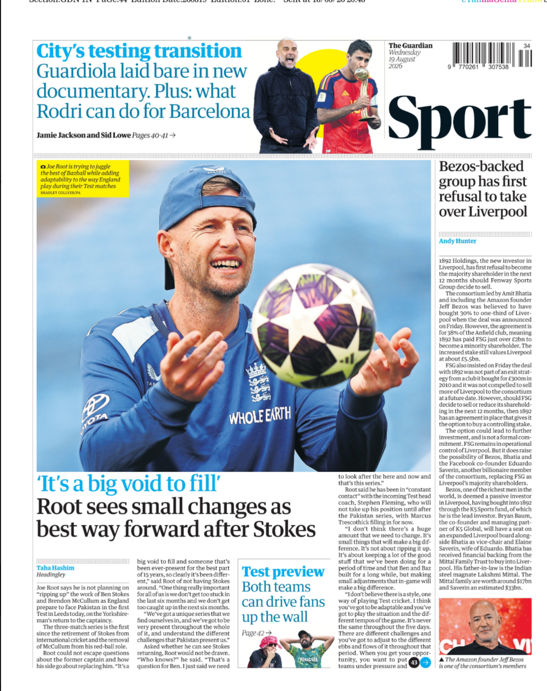 Back page of the Guardian with Joe Root story