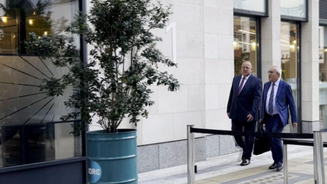 Lord Pannick KC, right, arrives for the start of Manchester City's hearing against more than 100 Premier League charges on Monday, 16 September.