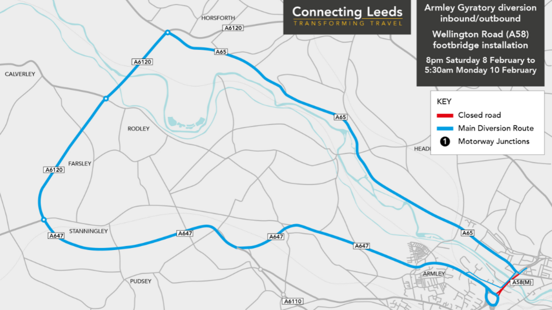 A map of Leeds highlights the closed road in red. The diversion route is highlighted in blue.